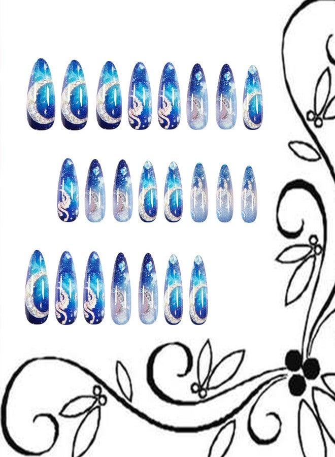 TBRZTR 24Pcs Dark Blue Starry Sky Press on Nails Medium Almond Shaped Moon Planet Pattern Design Handmade False Nails Full Cover Glossy Acrylic Atrificial Fingernails Blue Smudge DIY Stick on Nails for Women - Image 2